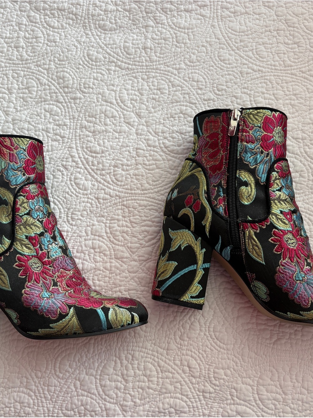 Marc Fisher Black Floral Embroidered Ankle Booties with Pink & Blue Accents - Picture 2 of 3